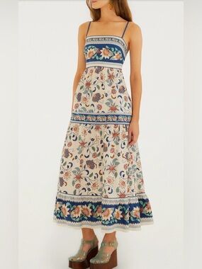 Farm Rio 100% Cotton Floral Delhi Tapestry Light Pink Midi Sun Dress M Ruffle